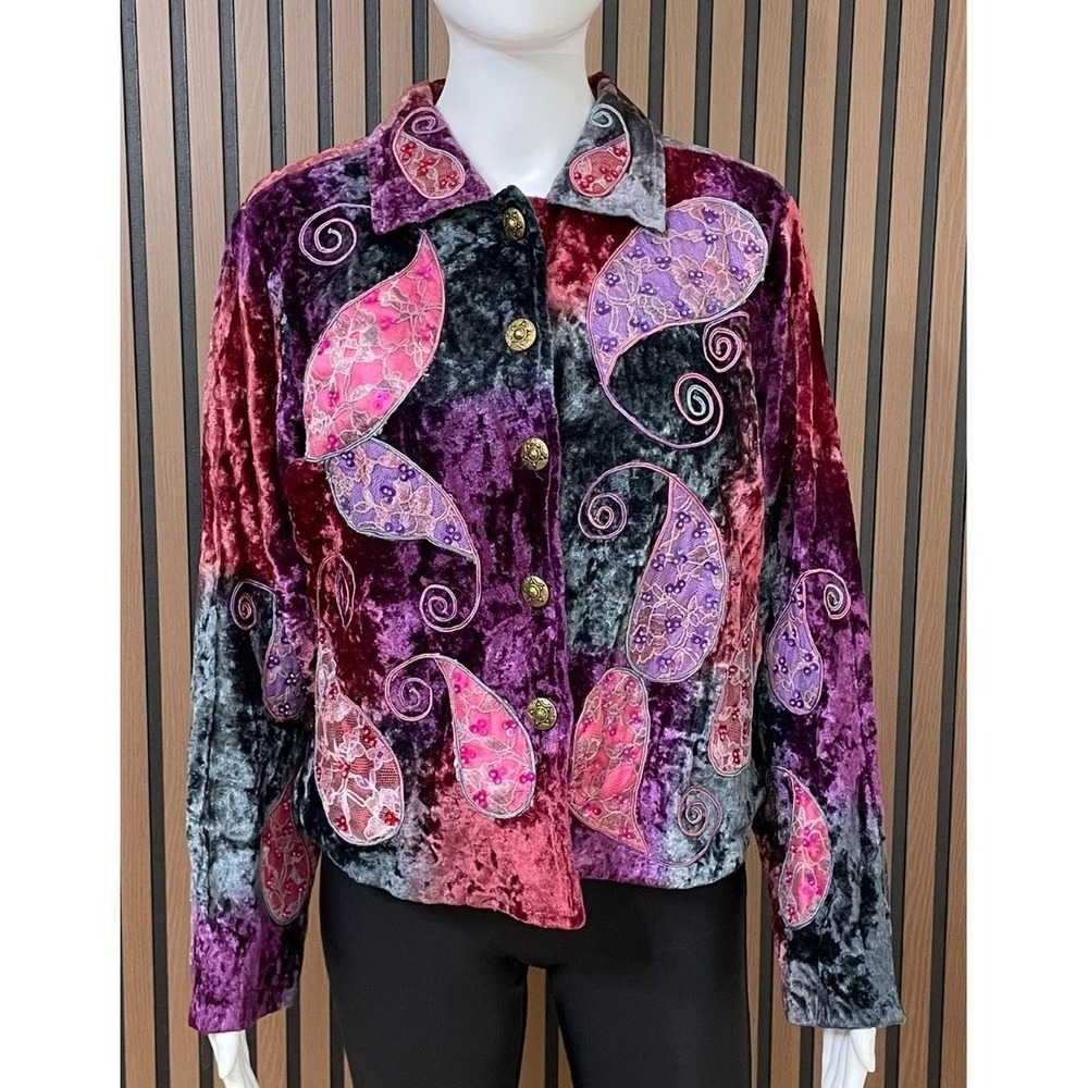 Pushpa Women's S Purple Blazer Crushed‎ Velvet Jacket Paisley Witchy Boho Fall